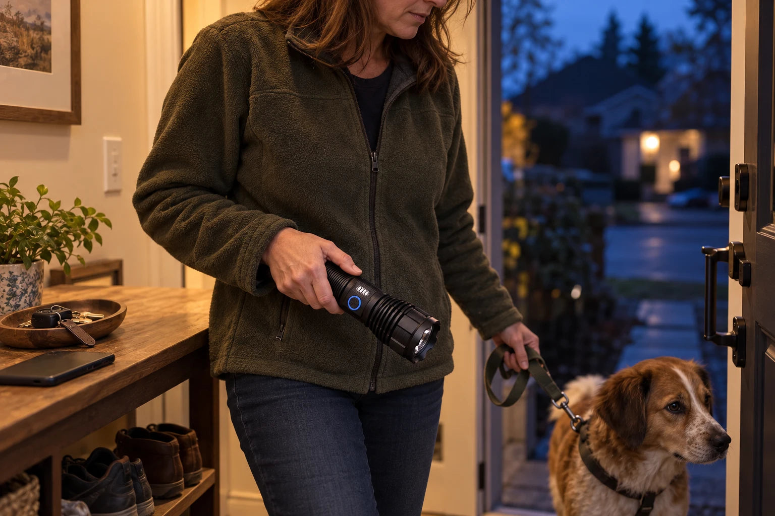 Woman picking up a flashlight before an evening dog walk