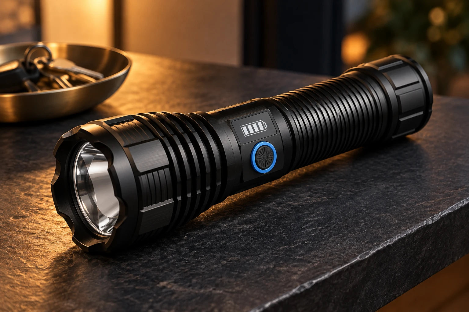 Black ribbed Iris-style flashlight with battery display on an entryway shelf