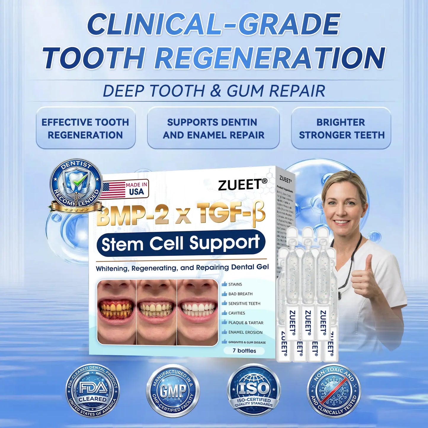 𝙕𝙐𝙀𝙀𝙏® BMP-2 x TGF-β (Stem Cell Support) Whitening, Regenerating, and Repairing Dental Gel - Results in 7 days