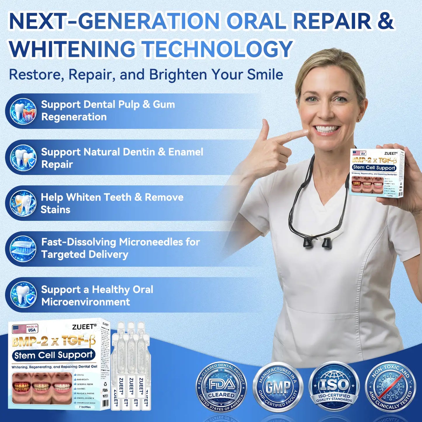 𝙕𝙐𝙀𝙀𝙏® BMP-2 x TGF-β (Stem Cell Support) Whitening, Regenerating, and Repairing Dental Gel - Results in 7 days