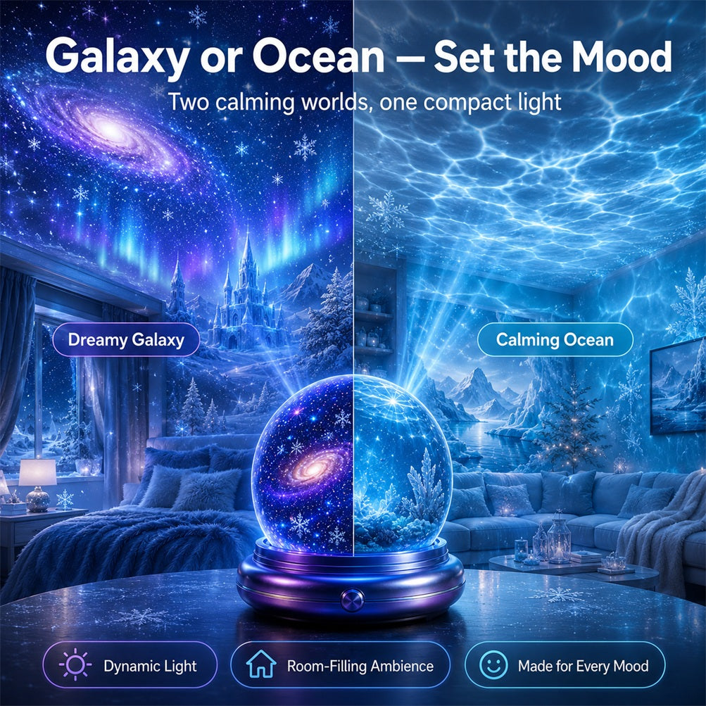 Topacme® Galaxy Night Light Projector – 360° Starry Sky & Ocean Wave Ambient Light for Bedroom Relaxation (Copy)