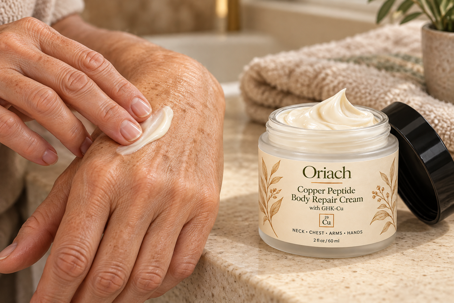 Close-up illustrative cream application on a mature hand