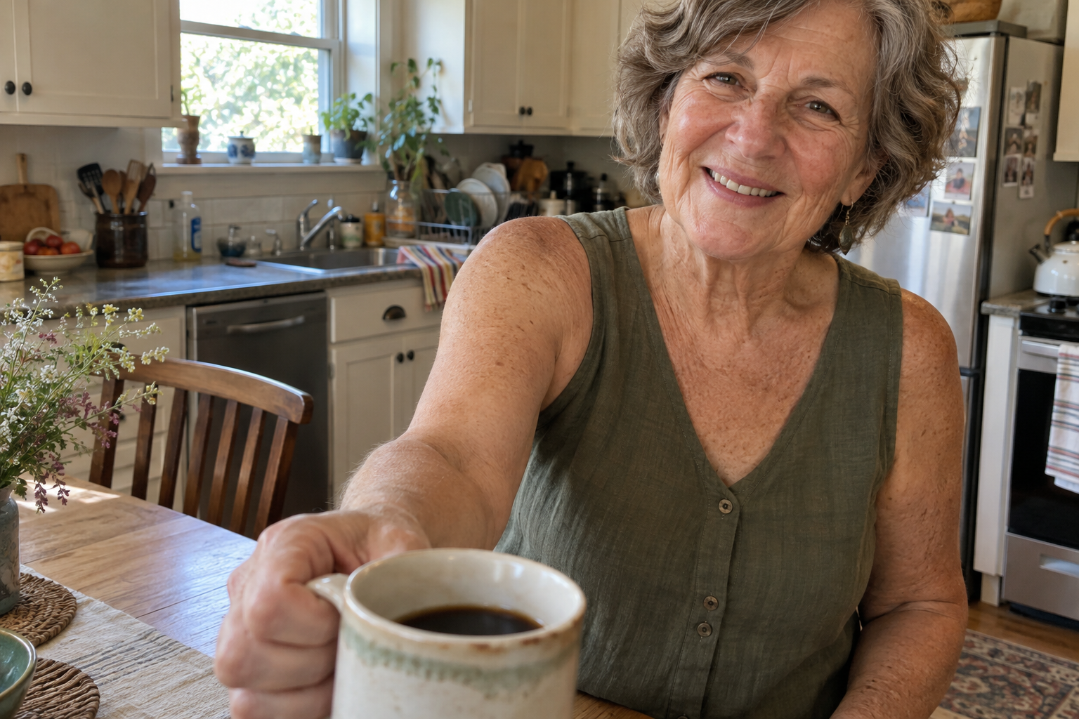 Illustrative mature woman sharing a coffee in her home