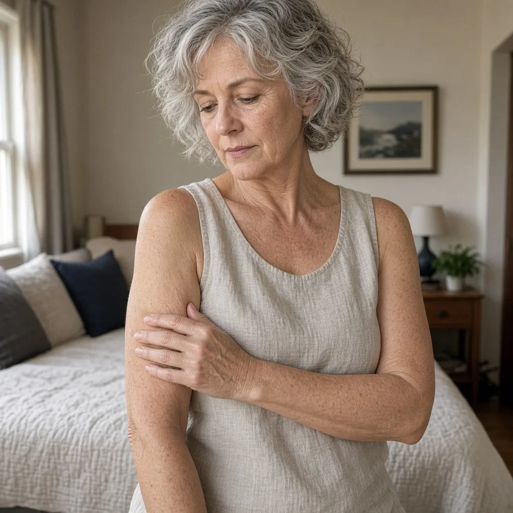 Mature woman in a sleeveless top checking the skin on her upper arm