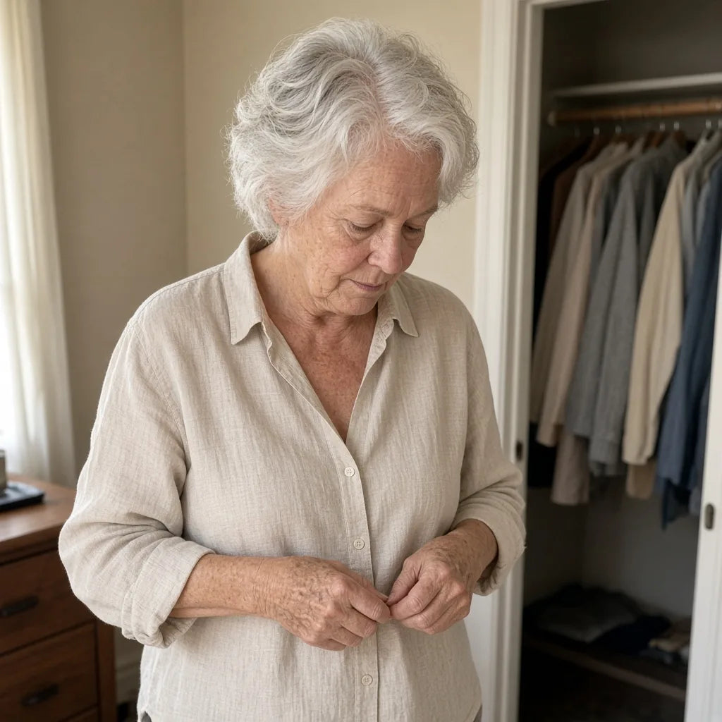 Mature woman buttoning a shirt, hand backs and age texture visible