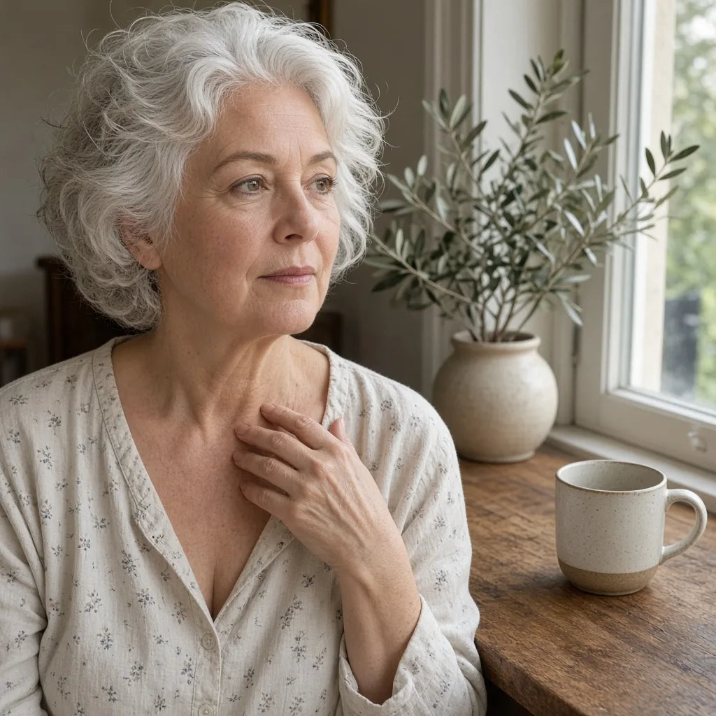 Mature woman at a kitchen window resting a hand on her neck and chest