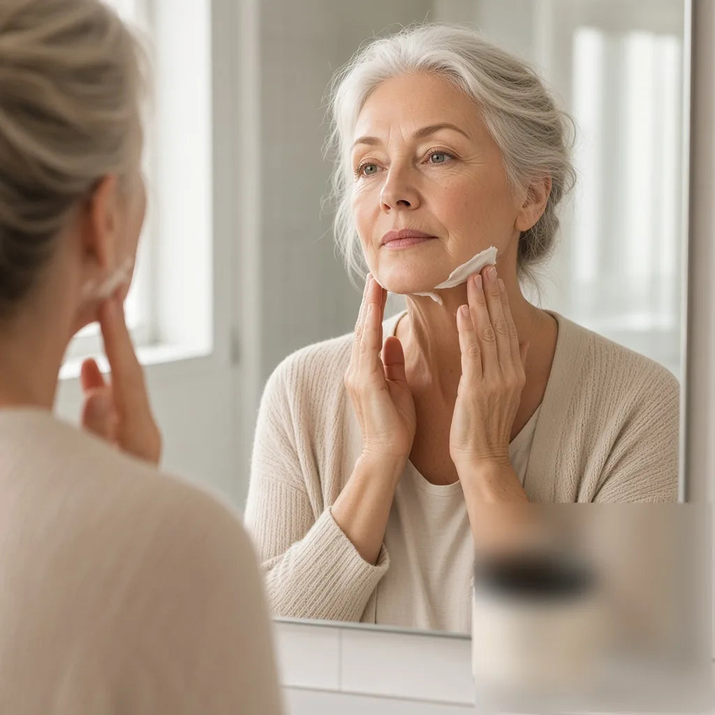 Mature woman applying cream at a bathroom mirror — lifestyle moment