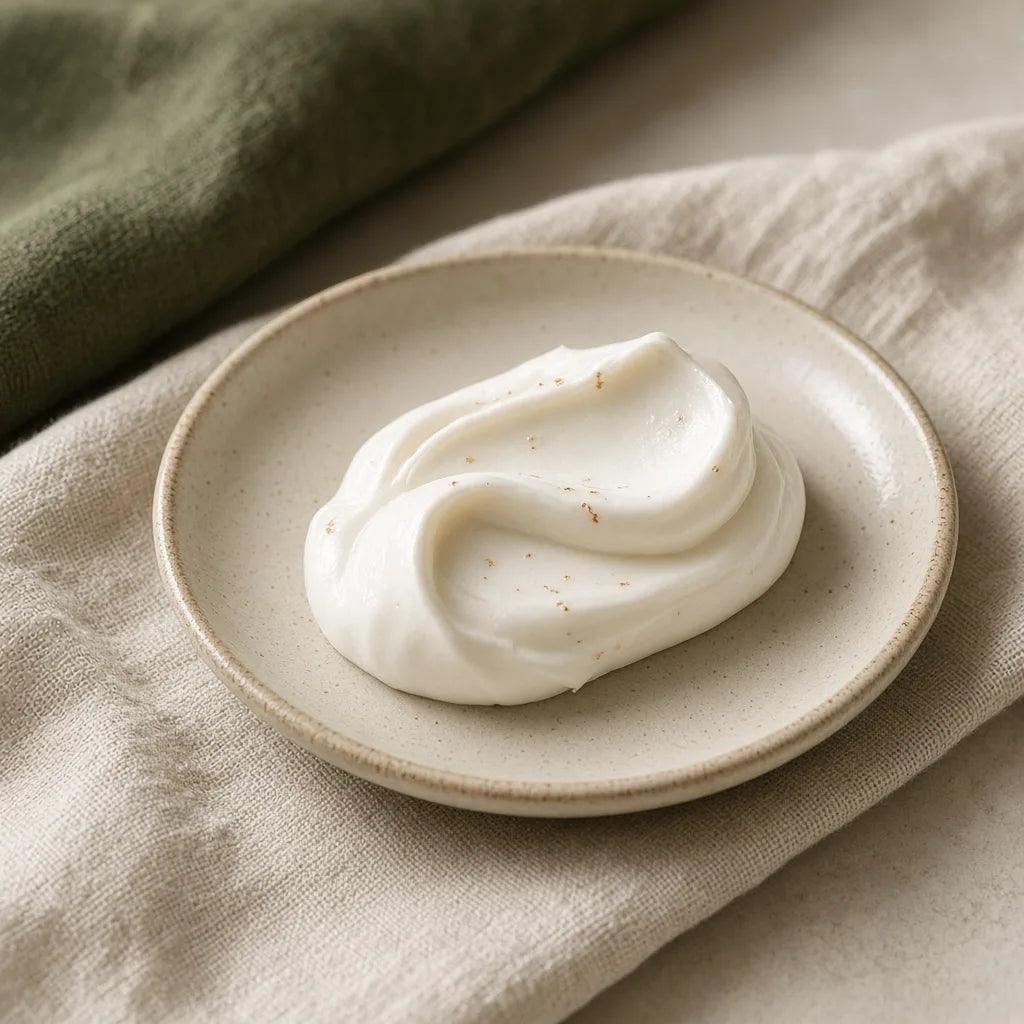 Close-up cream texture on ceramic dish for Oriach copper-peptide formula